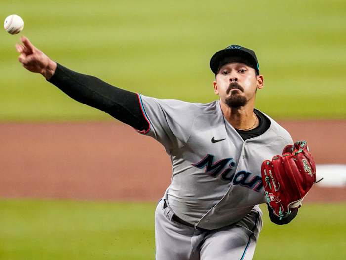 Sep 24, 2020; Cumberland, Georgia, USA; Miami Marlins starting pitcher Pablo Lopez (49) pitches against the Atlanta Braves during the first inning at Truist Park.